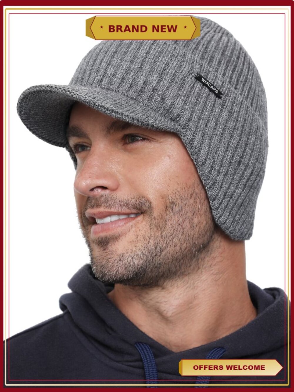 Winter Beanie with Brim and Ear Flaps Fleece Lined Knit Hat